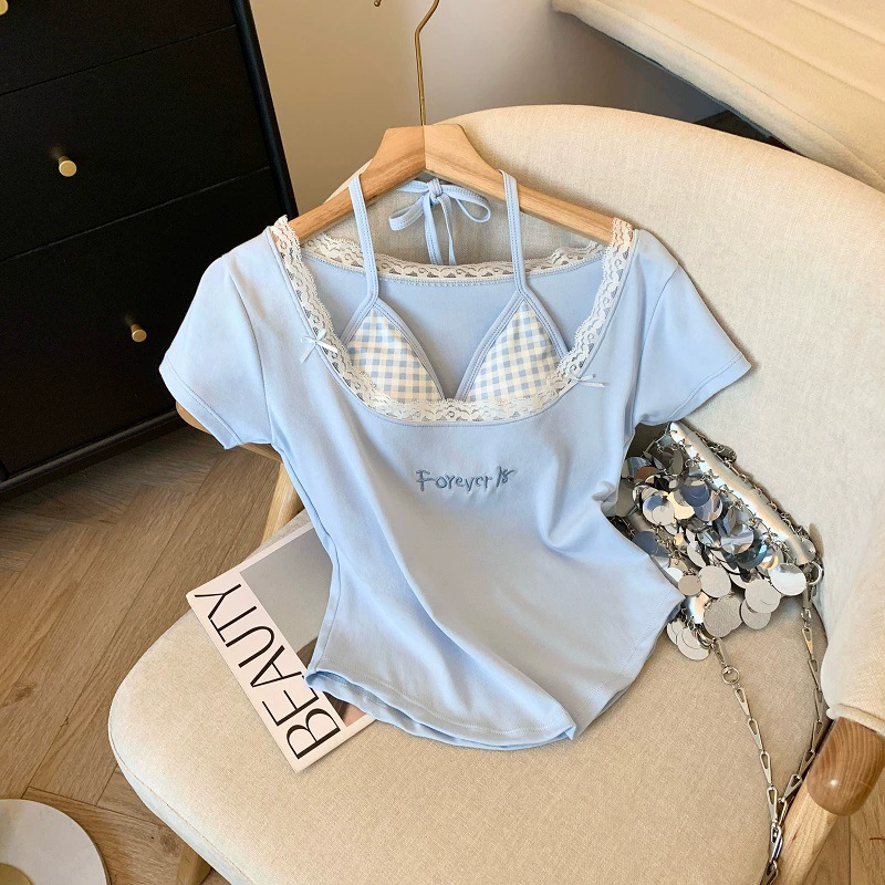 Поддельные две кружевные подтяжки с короткими рукавами футболка женская летняя голубая клетчатая топ с вышивкой на груди
