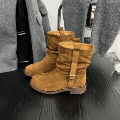 韩版圆头褶皱堆堆靴中筒靴女2025秋季新款套筒显瘦粗跟西部牛仔靴