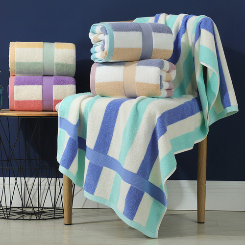 Multi-color adult bath towel 32 strands pure cotton color strip bath towel 70*140CM large terry soft absorbent and not easy to shed lint