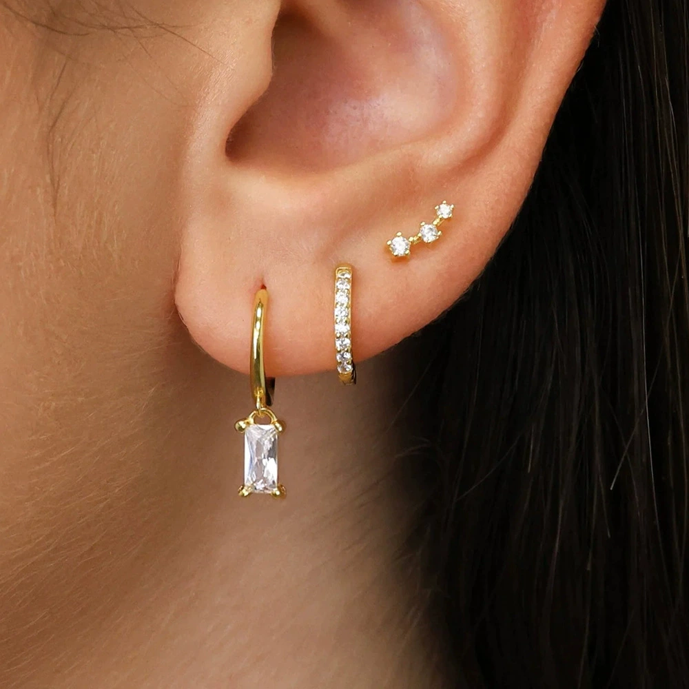 Rectangular earrings, fashionable trend set with zircon, Amazon, 14 carat, micro incrustation, ear protection