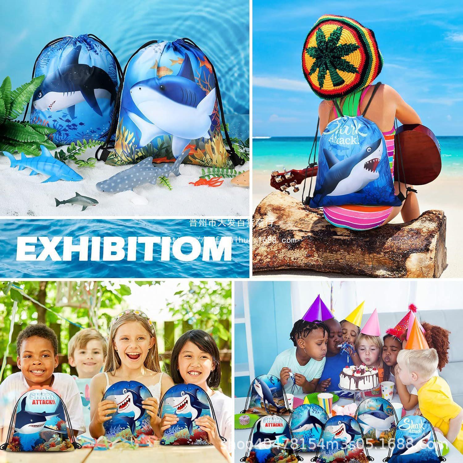 鲨鱼束口袋一鲨鱼儿童生日派对抽绳双肩背包袋便携收纳袋跨境兴爽