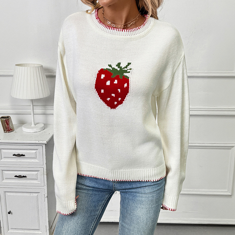 Women's Strawberry Jacquard Knit Sweater - Soft Acrylic Pullover With Loose Fit, Round Neck, Long Sleeves For Casual Comfort_voghion.com