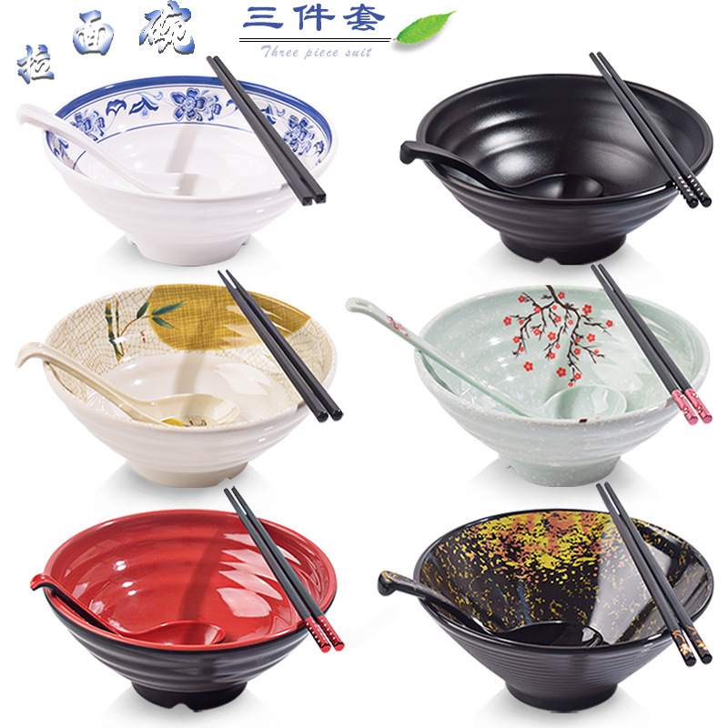 Japanese Ajisen Ramen Bowl Melamine Bowl and Chopsticks Set Plastic Creative Instant Noodle Bowl Imitation Porcelain Tableware Large Malatang Bowl