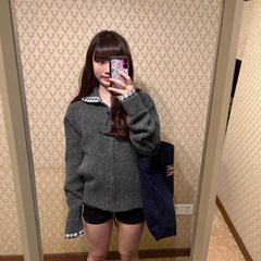 灰色双拉链开衫拼接格纹连帽毛衣外套女秋冬季慵懒宽松设计感上衣
