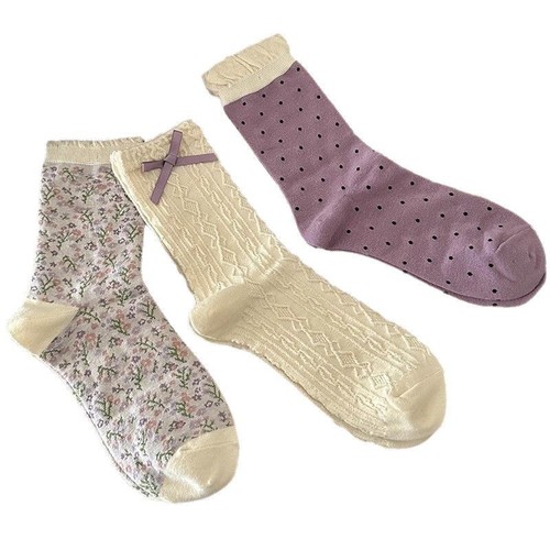 Purple floral patterned ankle socks for girls, autumn series cute white bow ankle socks, sweet retro lace socks