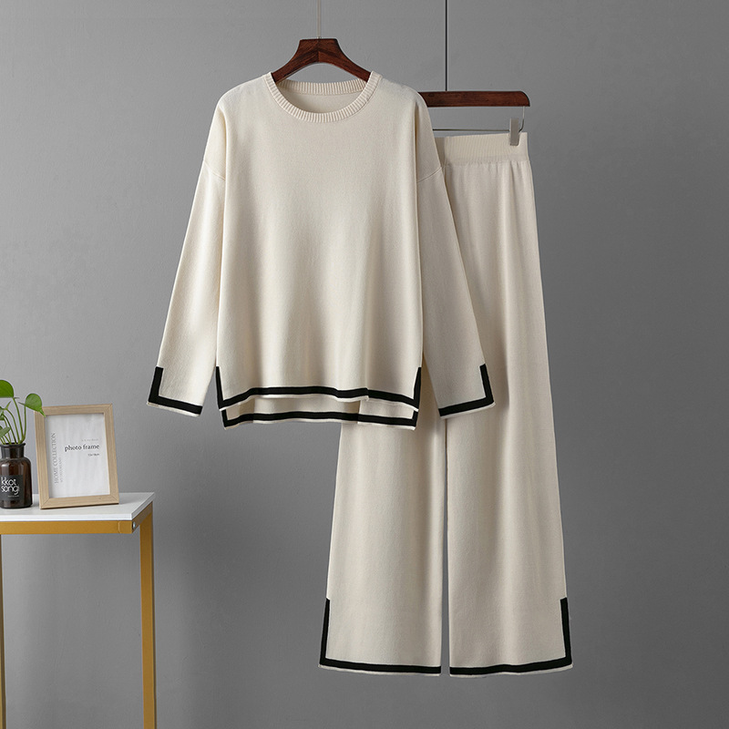 European and American Cross-Border Amazon Hot-Selling Knitted Set for Women, Autumn and Winter Long-Sleeve Split Wide-Leg Pants and Sweater Two-Piece Set