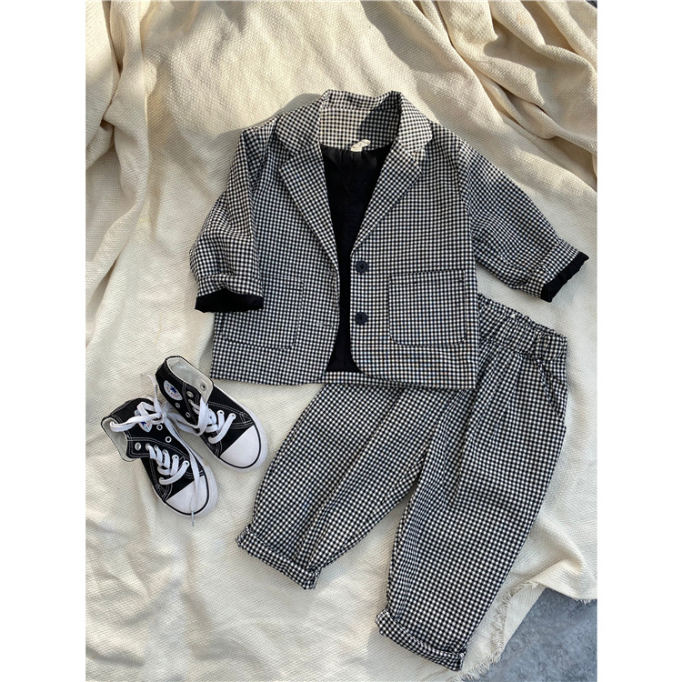 2024 tidig vår Koreansk klädsel Nya barnkläder för pojkar höstrutig kostym, byxor, kostym tvådelat set trendigt_voghion.com