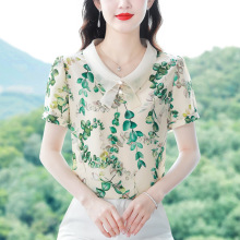 工厂直销2024年夏季泡泡袖雪纺衬衫女欧根纱翻领拼接小衫宽松衬衣