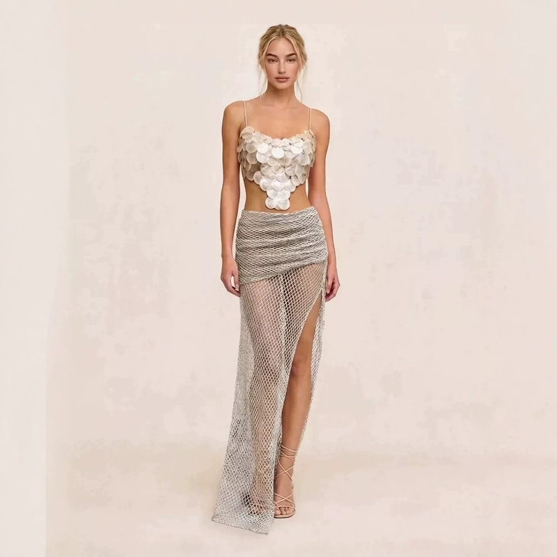 Large Sequined Shell-Style Camisole Crop Top with Exposed Waist and Back + Mesh Long Skirt with High Slit, Seaside Vacation Style, Summer