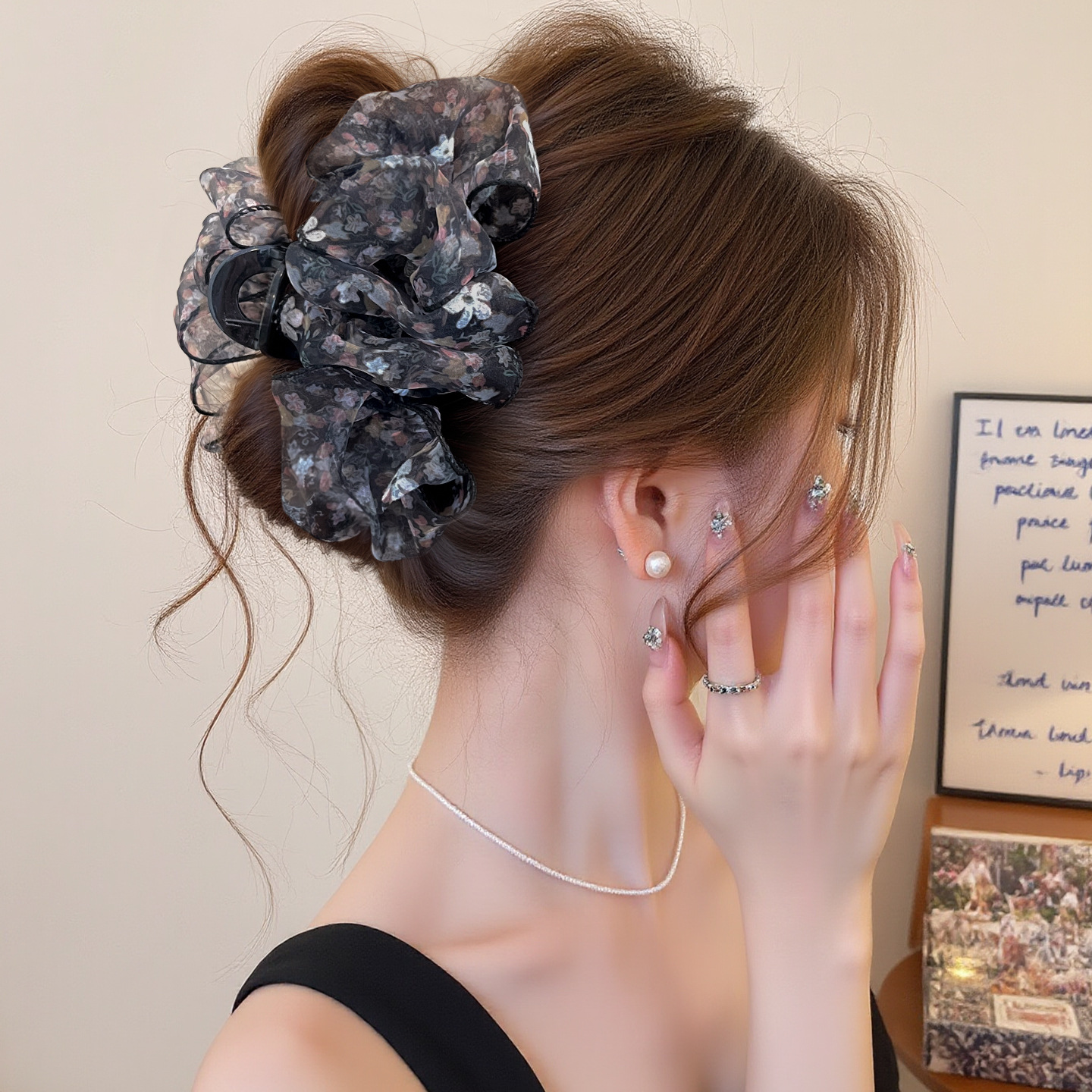 블랙 플로럴 보우 클립(클립 길이 약 13cm)