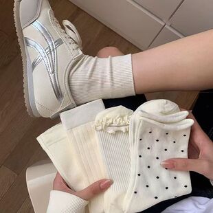 Wood-Ear Side Socks All-Match Women's Mid-Cylinder Instagram Stacked Stockings Solid Color Cute Spring and Autumn Wave Dot Japanese-Style Mid-Cylinder Sweet