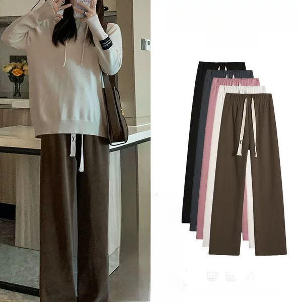 European Cotton Velvet Wide-Leg Pants for Women, Autumn and Winter High-Waisted Loose Casual Narrow Straight-Leg Corduroy Fleece-Lined Long Pants