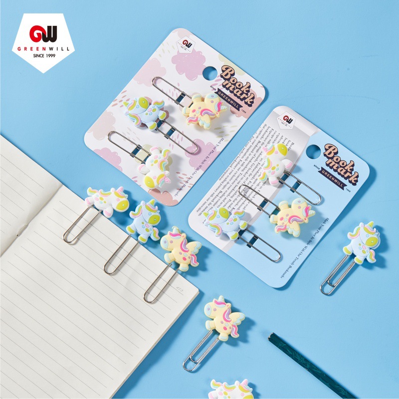 Unicornio de dibujos animados clips marcadores de libros de estudiantes carpeta de páginas adorable suministros de oficina pequeños regalos escolares pegamento suave