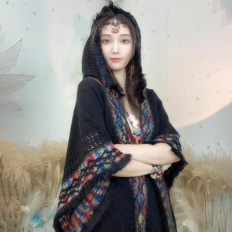 旅游民族风连帽披肩女外搭新疆云南波西米亚空调房流苏针织衫斗篷|undefined