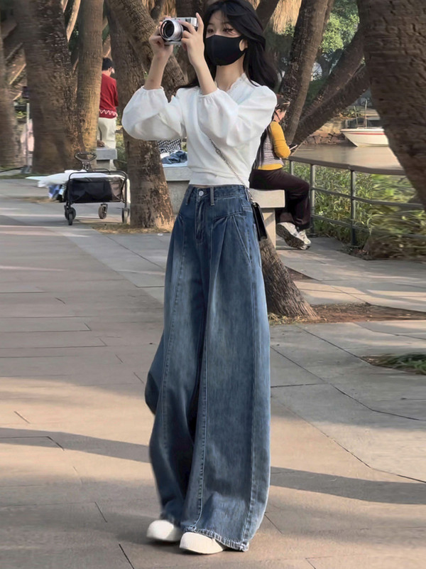 复古蓝色垂感阔腿牛仔裤女春秋新款大码胖mm宽松显瘦直筒拖地裤子|undefined