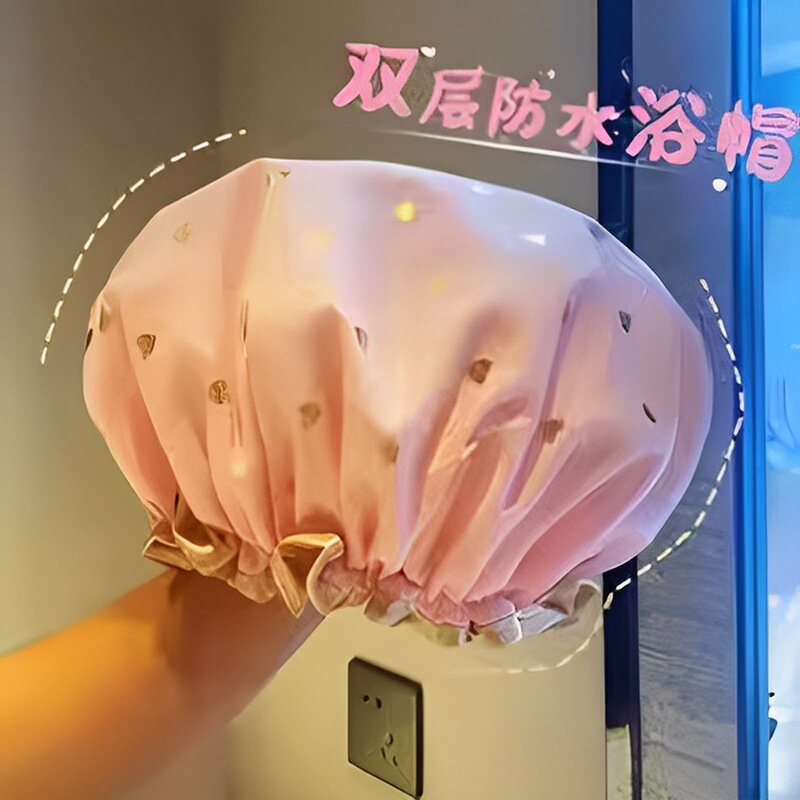 新款双层浴帽女防水洗澡家用厨房防油烟头套女童干发膜专用沐浴帽|undefined