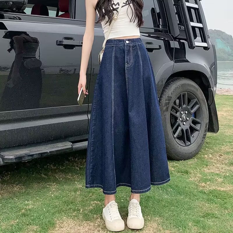 Wholesale Denim Midi Skirt for Women, Autumn, Plus Size, High Waist, Slimming, Loose, Elastic Waist, A-Line, Versatile Umbrella Skirt Wholesale Denim Midi Skirt for Women, Autumn, Plus Size, High Waist, Slimming, Loose, Elastic Waist, A-Line, Versatile Umbrella Skirt