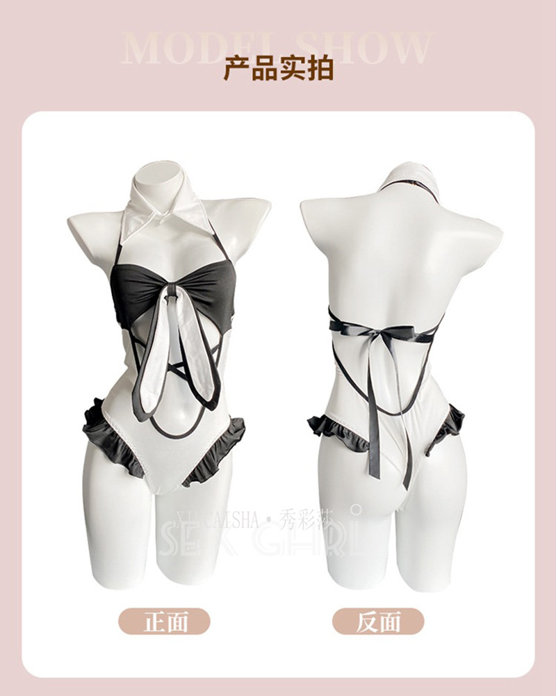 Bunny Girl Costume Jumpsuit with Open Crotch Design and Black Bow Stockings — detail image 10