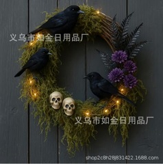 跨境新款Handcrafted Halloween Wreath万圣节乌鸦花环门口装饰