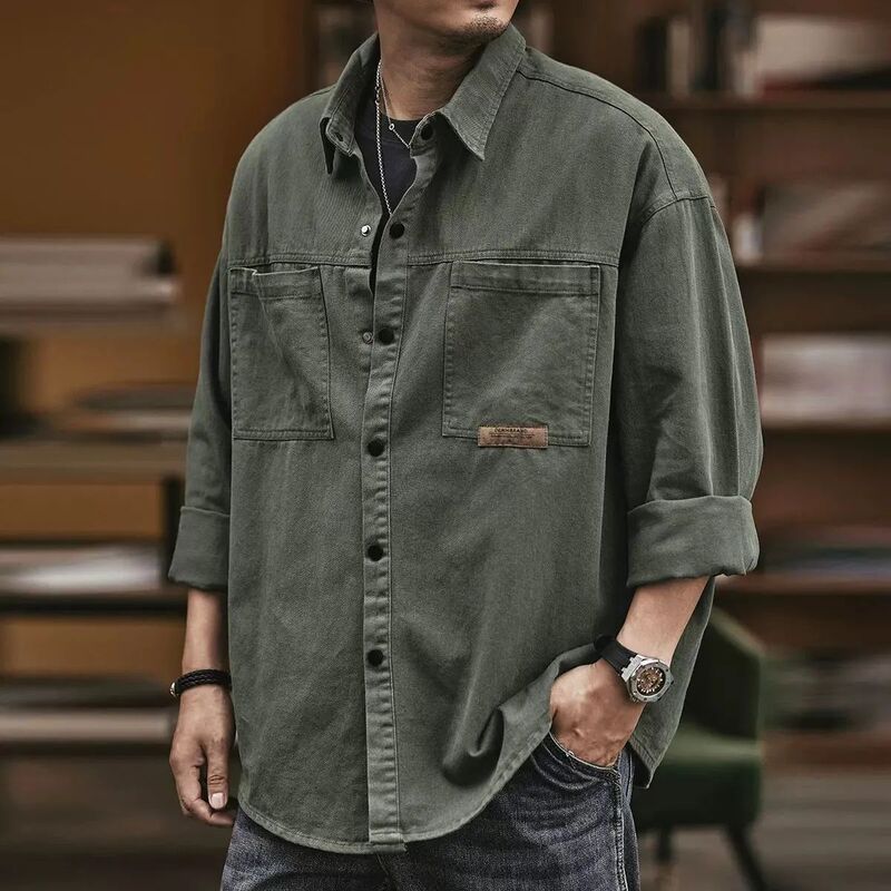 Crock Shirt Jacket Men's Spring and Autumn plus size Loose Trendy Casual Top Solid Color Cardigan Lapel Jacket Men's