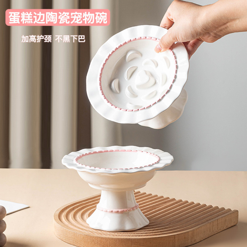 Cat Bowl Ceramic Dog Food Pot High Foot Anti-choking Anti-knock Neck Pet Bowl Cute Cream Cat Rice Bowl Drinking Bowl