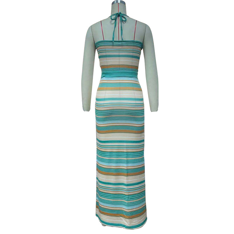 Women Clothing Knitted Slit Sexy Dress Lace up Halterneck Striped Top