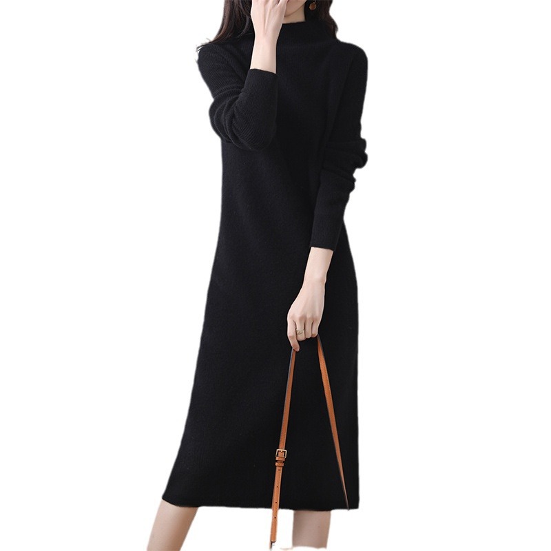 Falda larga de estilo elegante para ir al trabajo, otoño e invierno 2025, vestido de punto de color puro con cuello medio de punto, intelectual y suave. image 6
