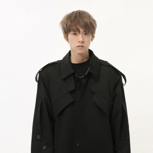 MTLCLOTHES Men's | Autumn New Korean Style Stitching Profile Shoulder Pad Knee Long Solid Color Coat Trendy
