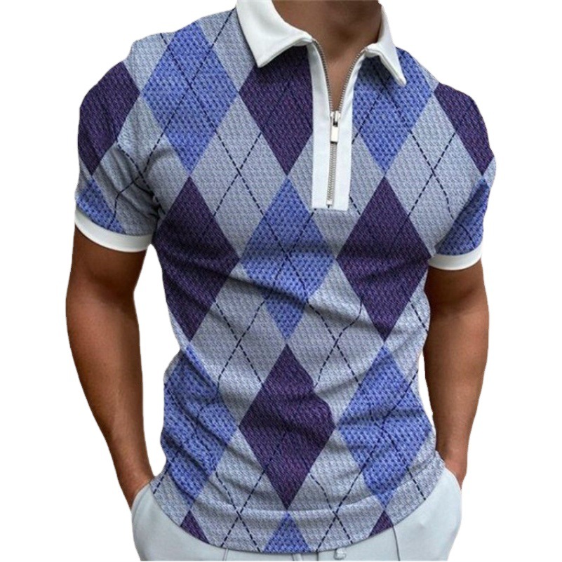 Camiseta Polo con Cierre de Solapa y Estampado Geométrico para Hombre, Estilo Europeo y Americano, Camiseta de Manga Corta de Verano para Hombre, Estilo Moderno Europeo y Americano 2025