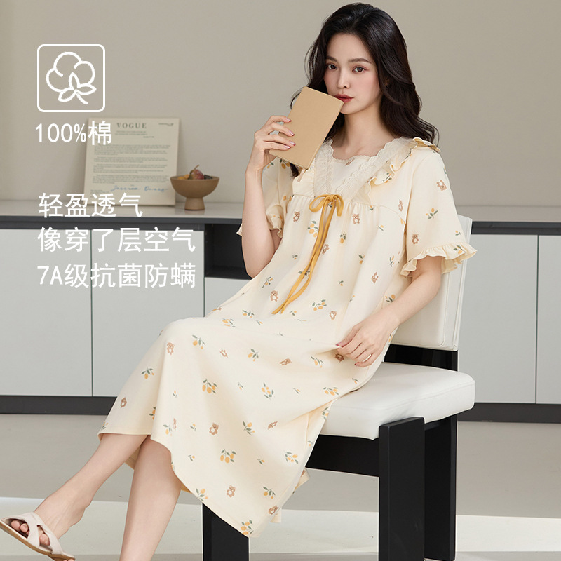 クラス A 抗菌ナイトガウン女性の夏の純粋な綿の半袖ドレスロングプラスサイズは外で着用できます女性のための綿のパジャマ|undefined