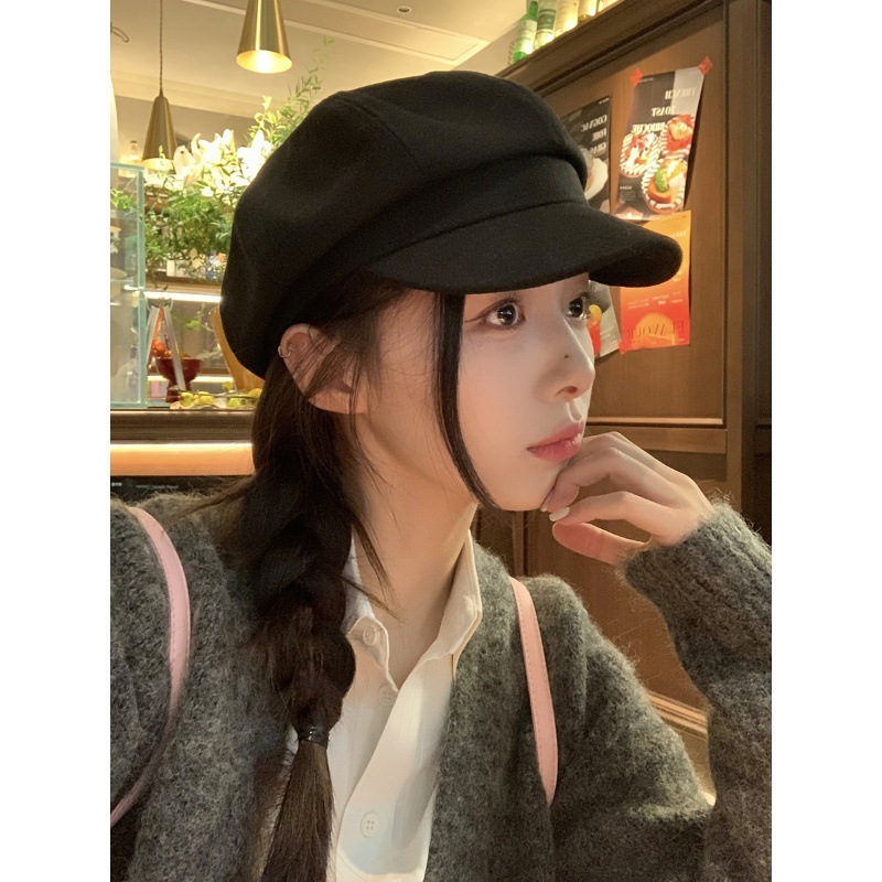 早秋新款贝雷帽女时尚百搭显脸小鸭舌帽大头围法式复古毛呢八角帽|undefined