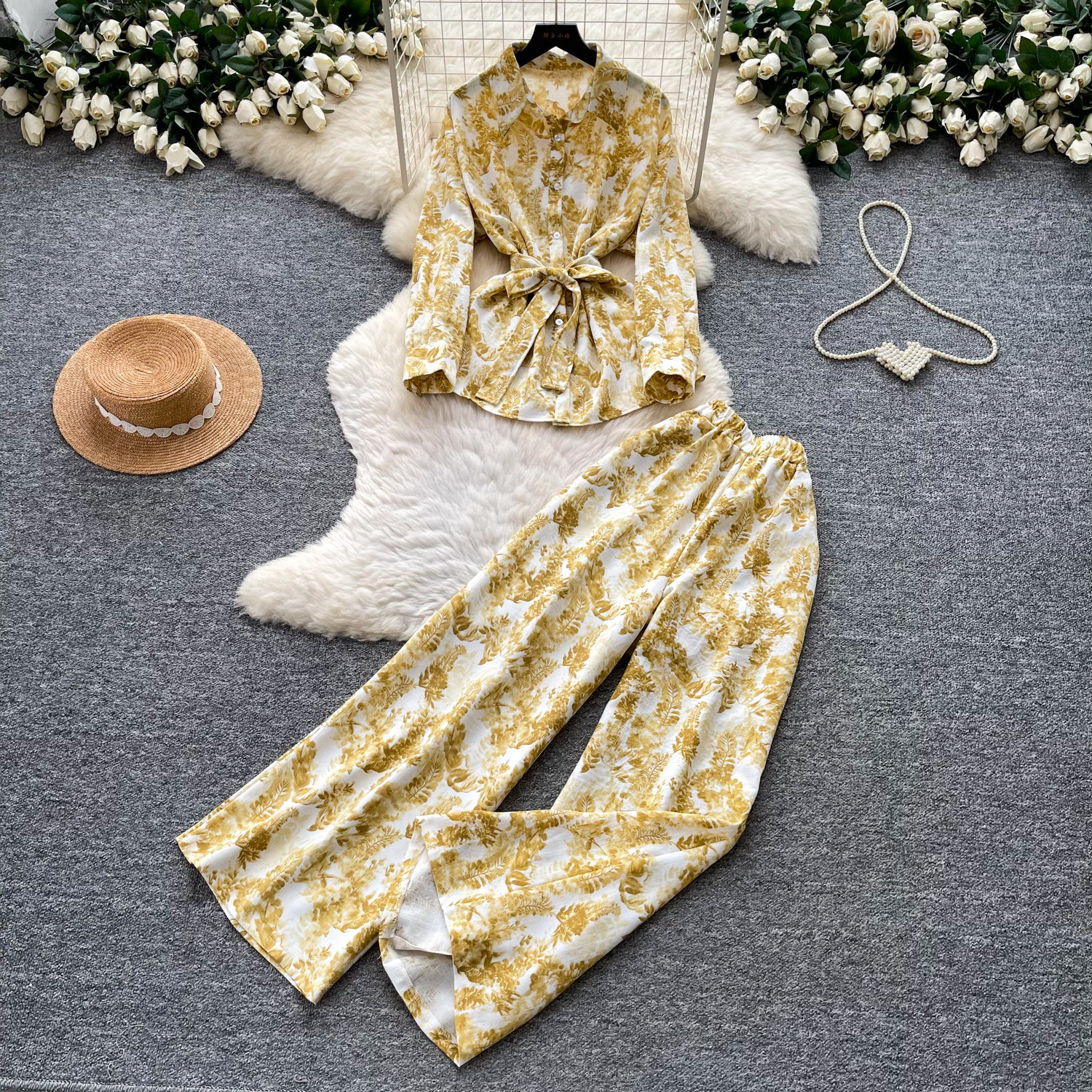 Women's Sophisticated Elegant Two Piece Set Autumn Tie up V Neck Top High Waisted Wide Leg Pants Slimming Stylish Look_ecoleips.com