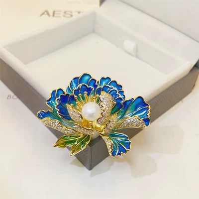 Classical Enamel Peony Flower Brooch Natural Freshwater Pearl Exquisite High-grade Chinese Style Cheongsam Hanfu Accessories Pin