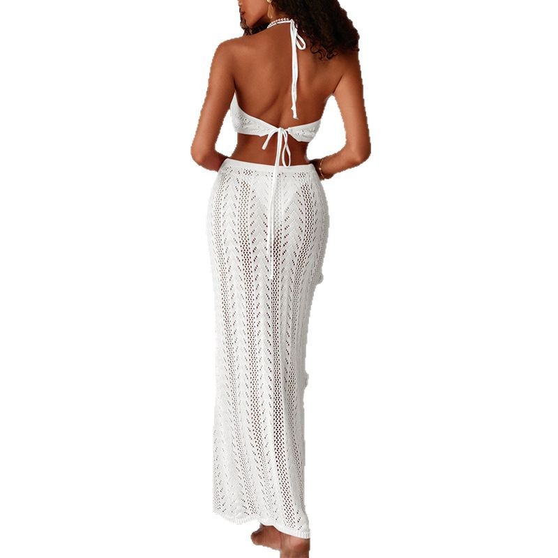 Transfronterizo Amazon Holiday Tridimensional crochet hueca correa trasera falda larga de protección solar de moda traje de blusa de playa