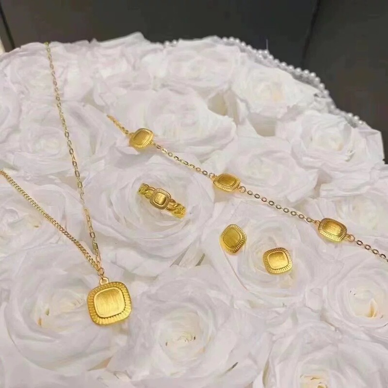 流金岁月小方糖吊坠项链金店同款沙金仿黄金锁骨链戒指女久不掉色|undefined