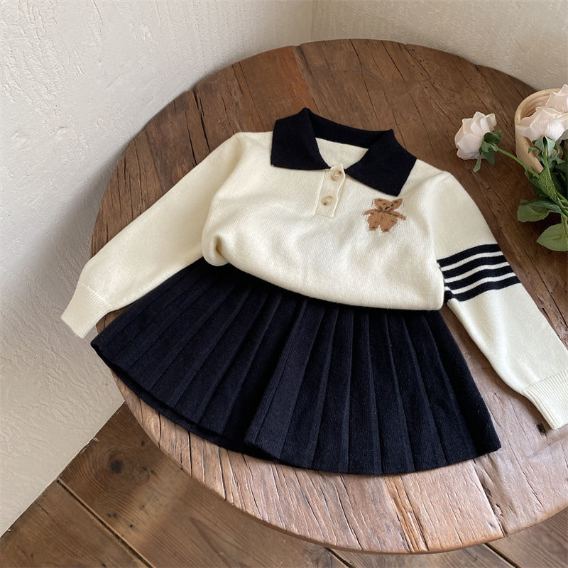 Ensemble pull et demi-jupe pour filles, nouvelle édition coréenne, Style académique, dessin animé petit ours, automne 2022_voghion.com