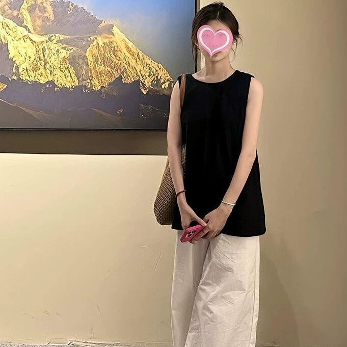 French-Style Niche Design with Hollow Back, Black Sleeveless Shirt for Women, Loose and Lazy Style Tank Top, Sleeveless Top for Women