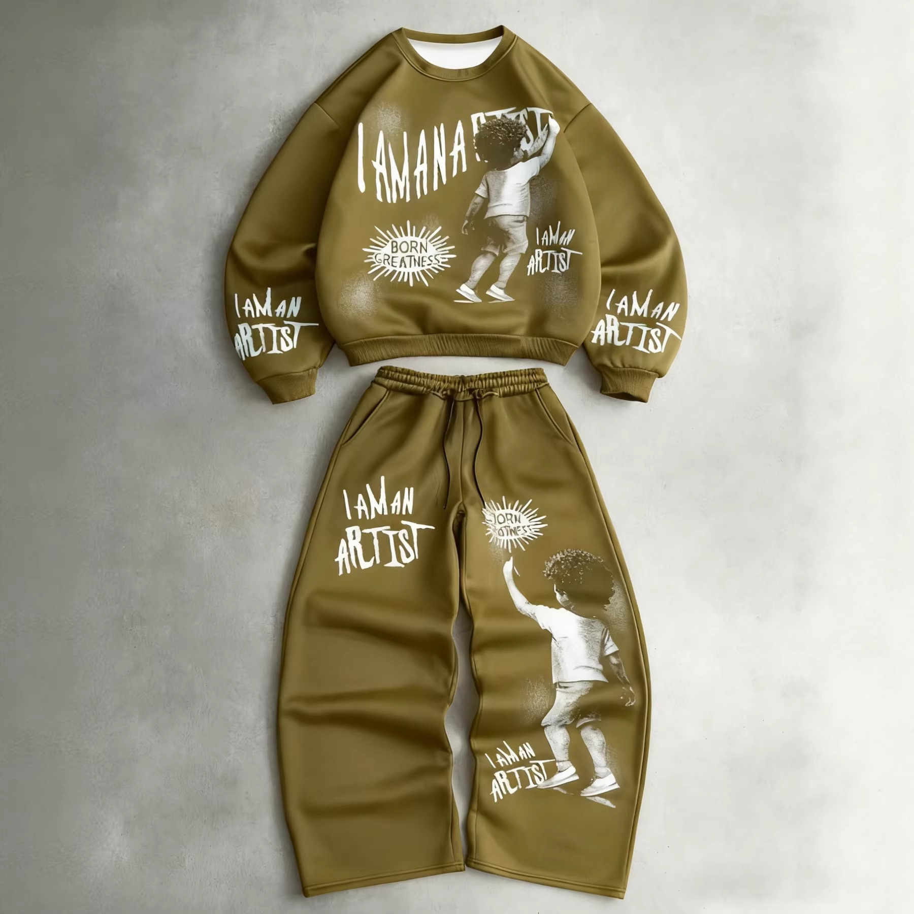 Bedruckter Herren-Trainingsanzug „I AM an ARTIST“: Stylischer Rundhals-Hoodie und Jogginghose – bequemes Zweiteiler-Outfit für Freizeit und Streetwear._voghion.com
