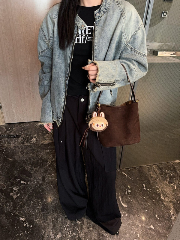 2025新款磨砂真皮腋下水桶包女包麂皮绒大容量托特包单肩斜跨包潮|undefined