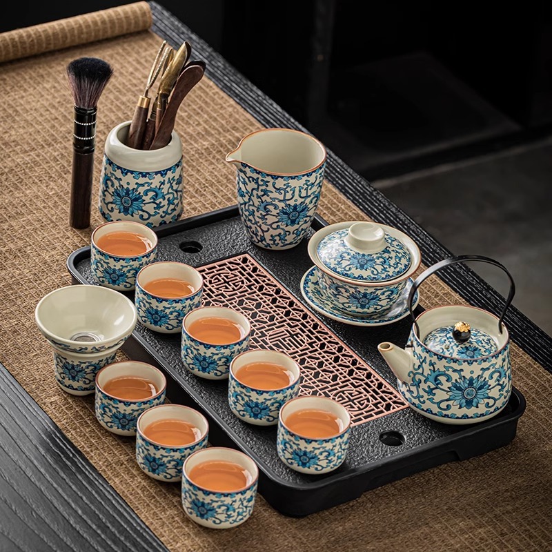 青花汝窑功夫茶具套装家用办公室客厅泡茶盖碗茶壶茶杯子陶瓷整套