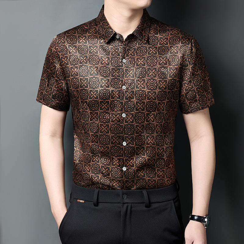 Áo sơ mi nam ngắn tay lụa tơ tằm mỏng nhẹ phong cách công sở — Hoa vàng đen HT1206