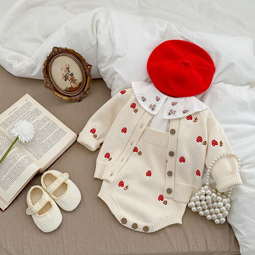 2025 Spring and Autumn Baby Clothes Cute Girls Mushroom Embroidered Cardigan Coat + Sleeveless Belted Bodysuit Crawling Suit