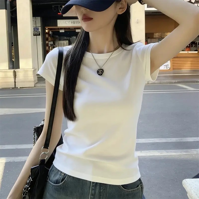 Cotton 240g basic straight-shoulder ribbed short-sleeve T-shirt for women, summer Korean style, versatile, pure and alluring, slim-fit and trendy Cotton 240g basic straight-shoulder ribbed short-sleeve T-shirt for women, summer Korean style, versatile, pure and alluring, slim-fit and trendy