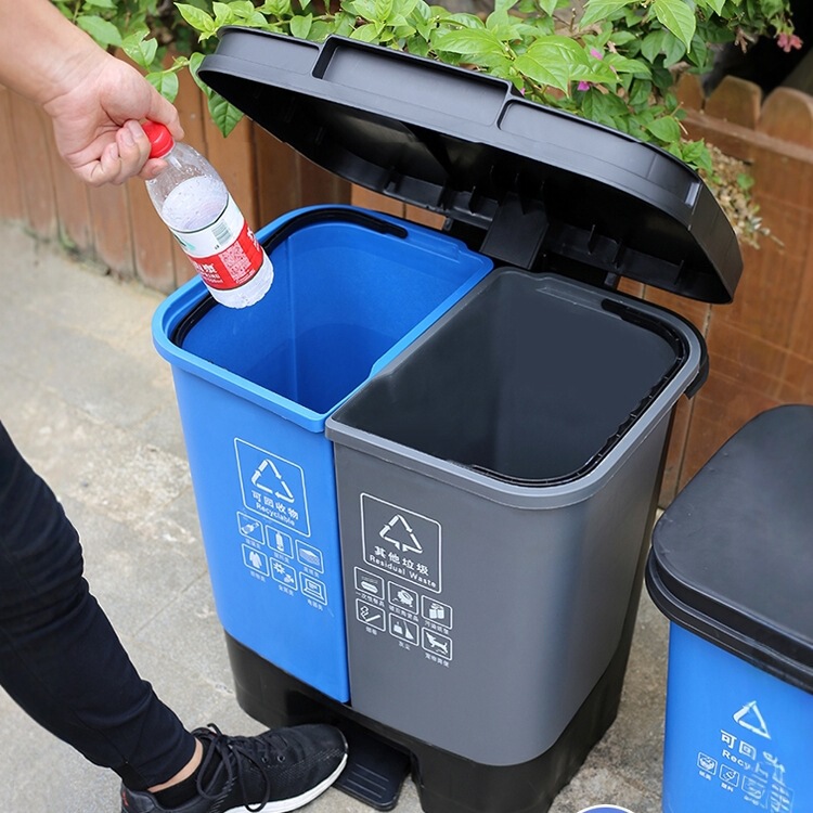 Garbage Sorting Trash Can for Home, Commercial, and School Use, Suitable for Dry, Wet, and Hazardous Waste, with a Pedal-Operated Dual Bin Design, 100L Capacity, and Lid