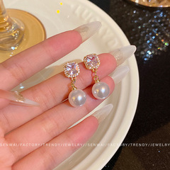 轻奢超闪锆石方形耳环女高级感小众气质珍珠耳坠2025年新款耳饰品