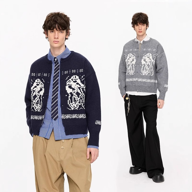 Fair Isle Lazy Couple Thick Cardigan Knitwear Jacket Men's Autumn and Winter New American Retro Casual Loose Knitwear