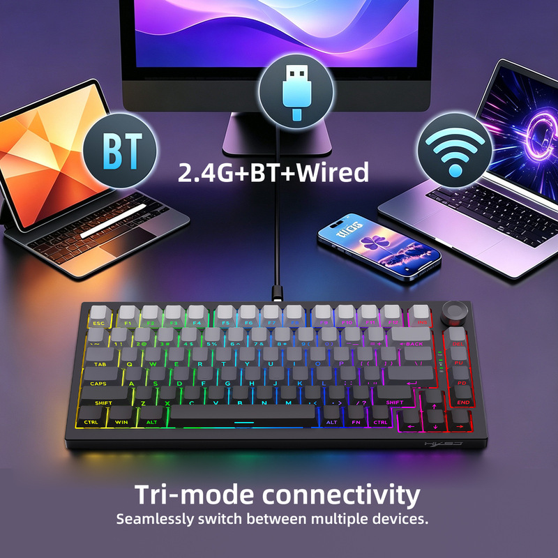 New 81-key three-mode mechanical keyboard, 75% layout, RGB colorful backlight, white silent switches, gaming New 81-key three-mode mechanical keyboard, 75% layout, RGB colorful backlight, white silent switches, gaming
