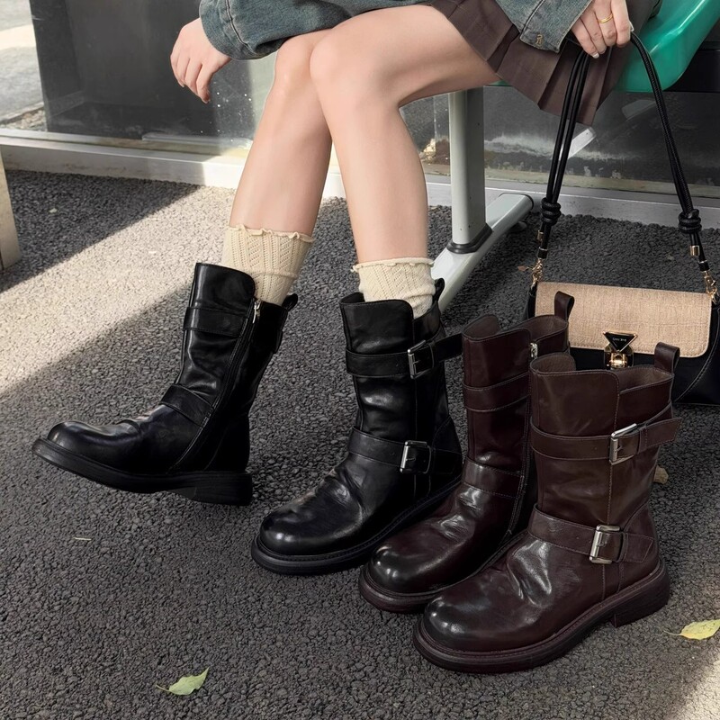 双扣粗跟厚底机车短靴女2025秋冬新款侧拉链英伦风西部瘦瘦靴短靴|undefined