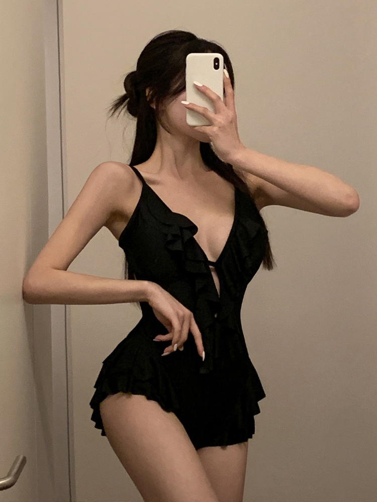 Negro oscuro V borde de loto de alta calidad puro puro puro color puro trajes de baño unidos mujeres pechos pequeños espaldas termales sexy pechos grandes