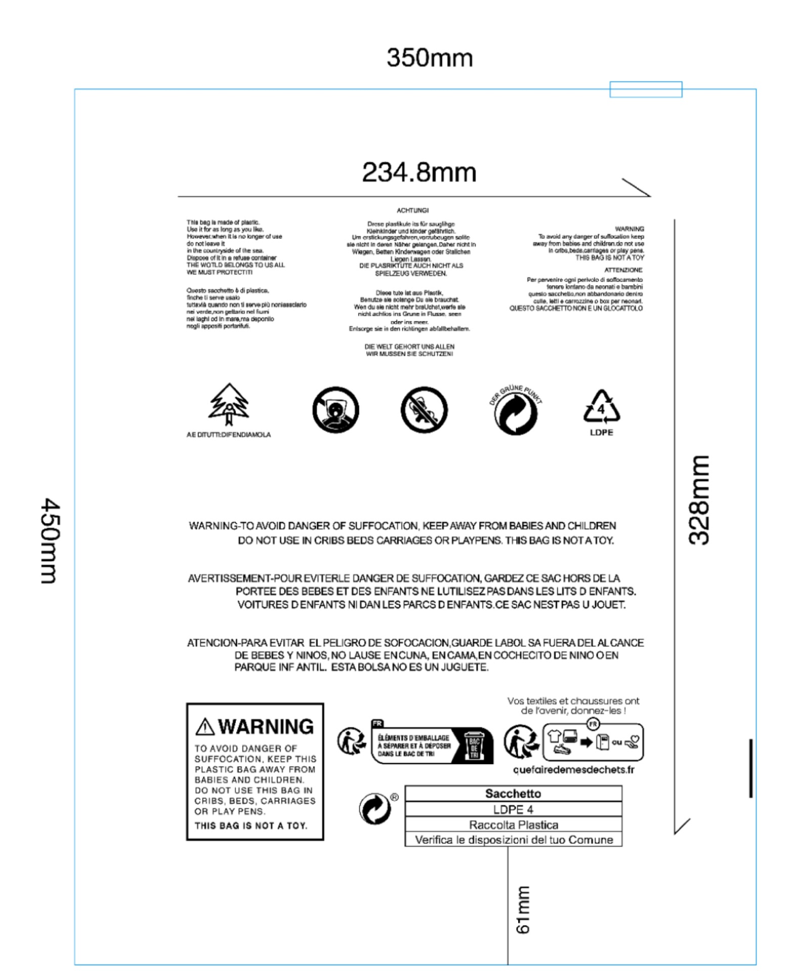 35*48cm (100개/팩) 새로운 규정 경고 지퍼백 투명 PE 신소재